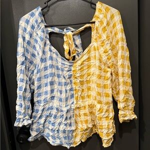 Blue and Yellow Checkered Women's Peplum Top